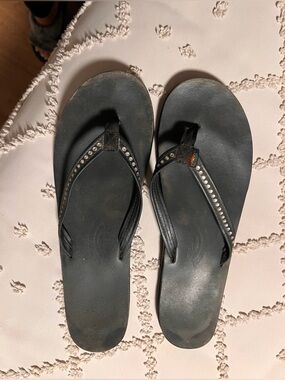 Rainbow Black Rhinestone Strap Flip Flop Sandals